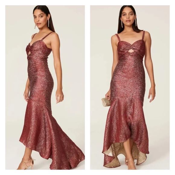 MONIQUE LHUILLIER Burgundy Metallic Hi Low Gown Size 6 Monique Lhuillier - Picture 2 of 9